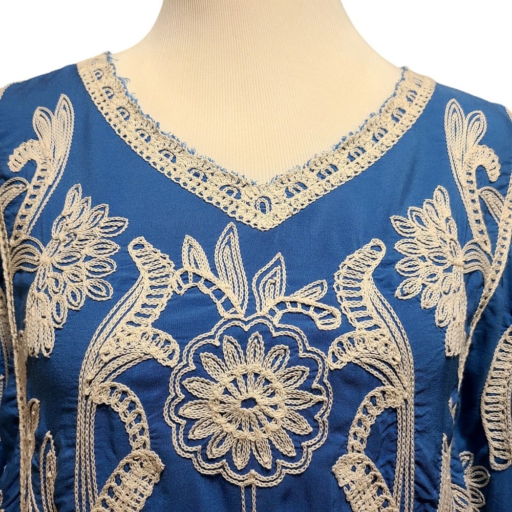 Anthropologie Kindred Women Blue Embroidered Scallop Bell Blouse S Cottagecore